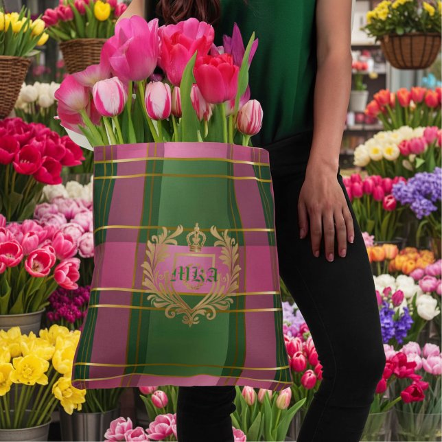 Lyx Förberedd Exklusiv Rutig Monogrammerad Rosa oc Tygkasse (Stylish Pink and Green Monogrammed Plaid Tote )