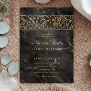 Lyx Gold Svart Marmor Nuestra Boda Bröllop Inbjudningar