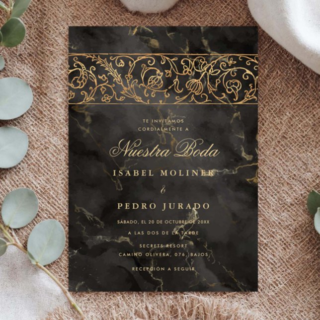 Lyx Gold Svart Marmor Nuestra Boda Bröllop Inbjudningar (Skapare uppladdad)
