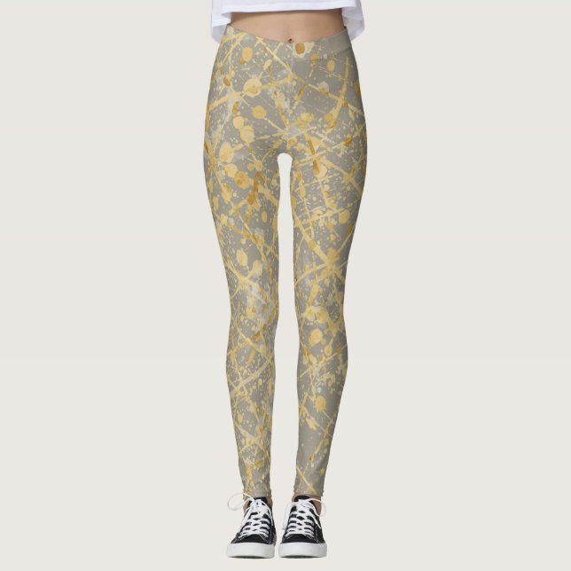 Lyx, Guld Taupe  Prickar Linjer Mönster Leggings (Framsida)