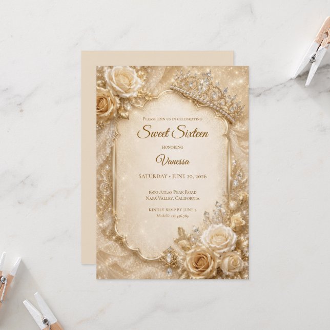 Lyx Ivory Guld Prinsessa Sweet 16 Inbjudningar (Fram/Back In Situ)