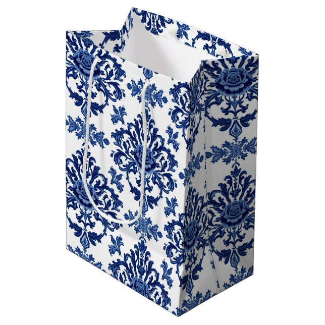 Lyx Kunglig blå och vit barock blomster mönster (Framsidan Vinklad)