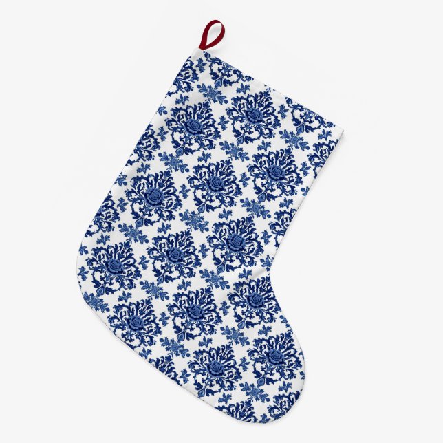 Lyx Kunglig blå och vit barock blomsterdesign Stor Julstrumpa (Framsidan (Hängande))