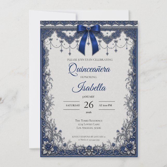 Lyx Kunglig Blå Silver Quinceañera Inbjudningar (Framsida)
