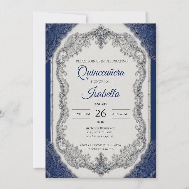 Lyx Kunglig Blå Silver Quinceañera Inbjudningar (Framsida)