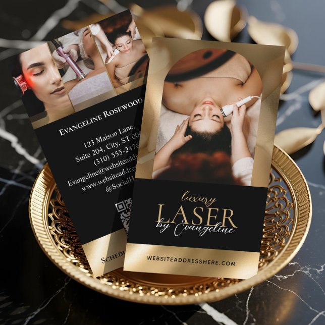 Lyx Laser Teknik Spa Ark Foto Svart Guld Visitkort (Luxury Laser Technician Spa Arch Photo Black Gold Business Card)