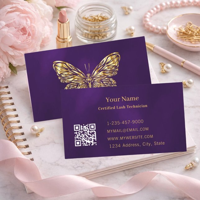 Lyx Lash Tech Lila Guld Fjäril QR-kod Visitkort (Skapare uppladdad)