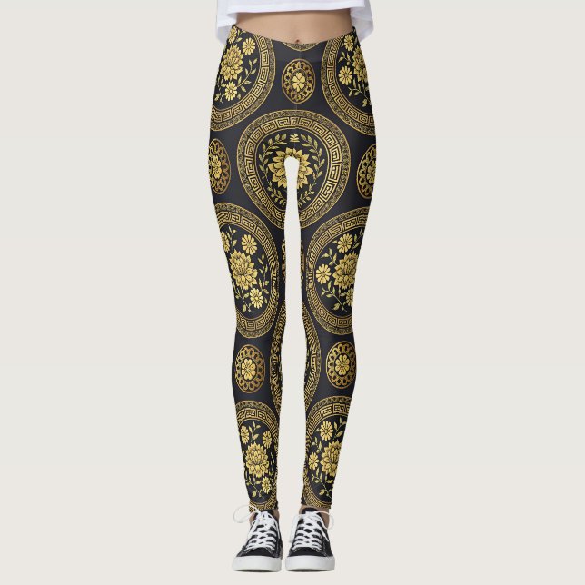 Lyx Lotus Mandala Guld Emblem Leggings (Framsida)