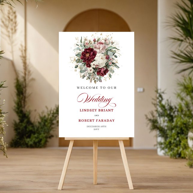 Lyx Marsala Blommig Eukalyptus Guld Bröllop Välkom Poster (Luxe Marsala Floral Eucalyptus Gold Wedding Welcome)