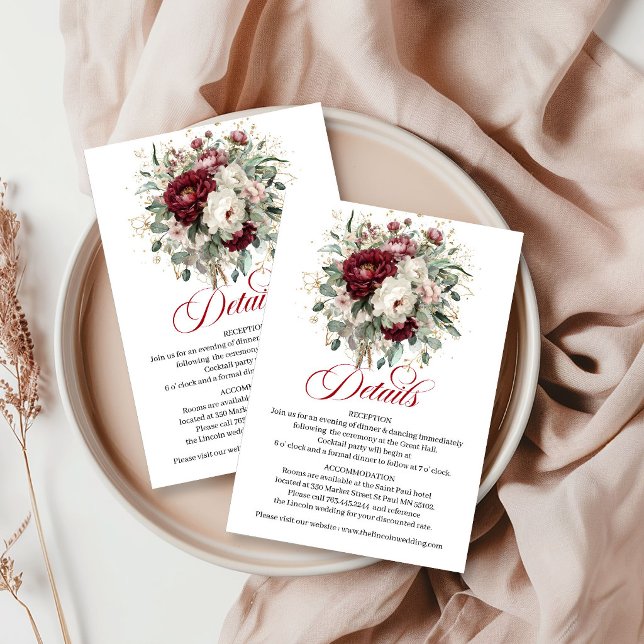 Lyx Marsala Blommig Eukalyptus Guld Bröllopsdetalj Tilläggskort (Luxury Marsala Floral Eucalyptus Gold Wedding Details Card)