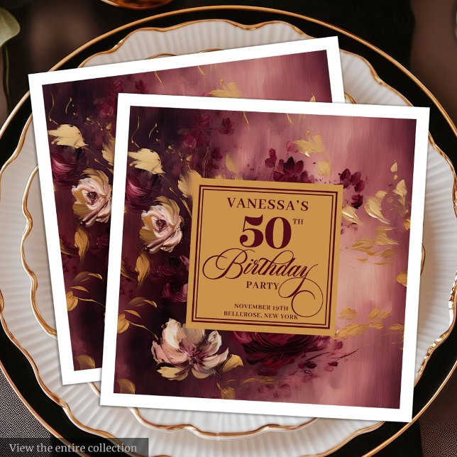 Lyx Marsala Roséguld Blommor 50-års Födelsedag Pappersservett (Luxury Marsala Blush Gold Flowers 50th Birthday Paper Dinner Napkins)