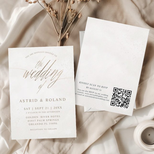 Lyx Minimal Guld & Beige QR-kod Bröllop Inbjudningar (Skapare uppladdad)