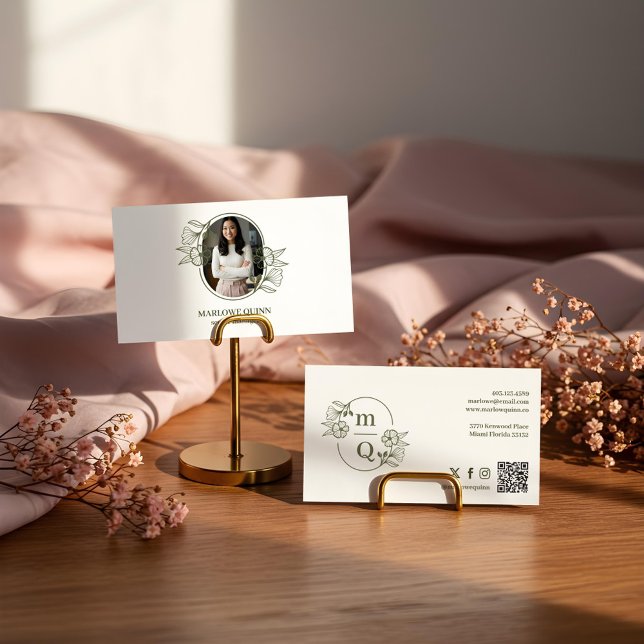 Lyx Minimal Modern Enkel Professionell Foto Visitkort (Floral Botanical Monogram Crest Logo Brand Photo Business Card)