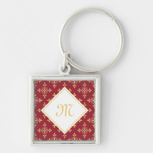 Lyx Monogram Röd och Guld Quatre Blommig Fyrkantig Silverfärgad Nyckelring