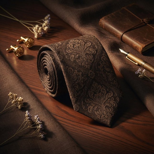 Lyx Mörk Espresso Brun Barock Damast  Slips (Skapare uppladdad)