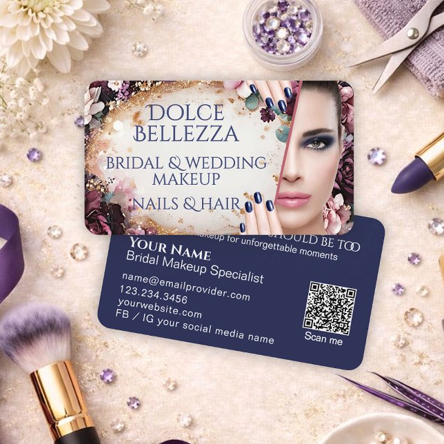 Lyx Purple Blå Blommig Bröllopsmakeupartist Visitkort (Skapare uppladdad)
