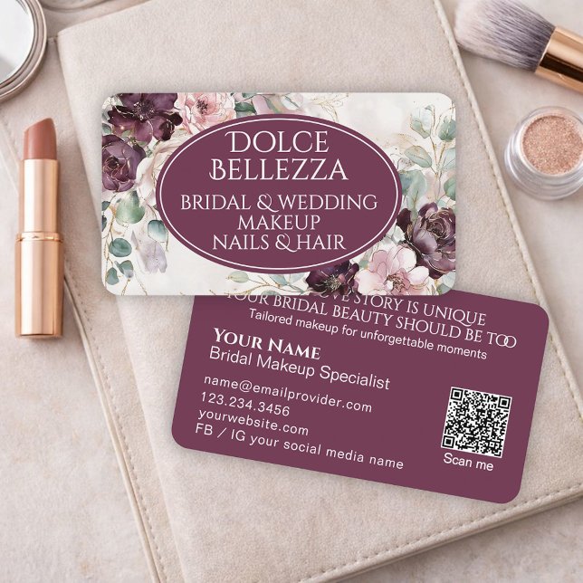 Lyx Purple Burgundy Blommig Bröllopsmakeupartist Visitkort (Skapare uppladdad)