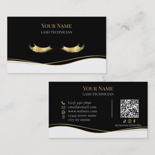 Lyx QR-kod Svart och Guld Ögonfransstylist Visitkort (Fram/baksida)