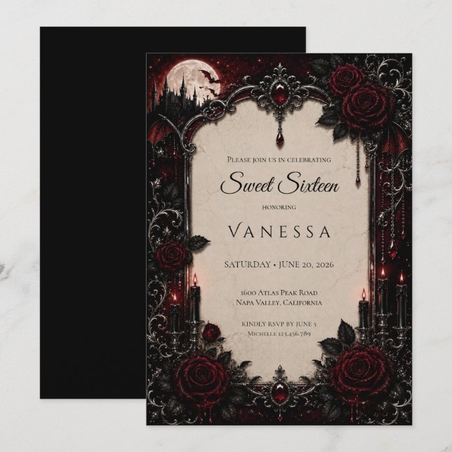 Lyx Röd Mörk Gothic Sweet 16 Inbjudningar (Fram/baksida)