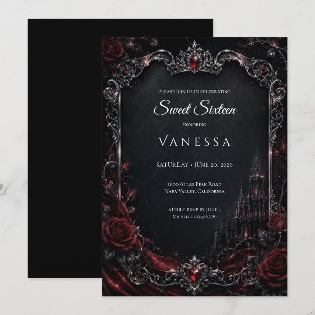Lyx Röd Mörk Gothic Sweet 16 Inbjudningar (Fram/baksida)