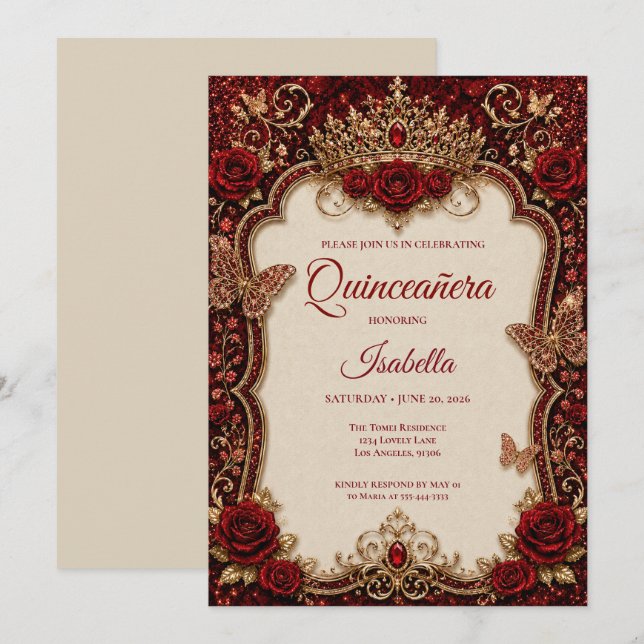 Lyx Röda & Guld Prinsessa Quinceañera Inbjudningar (Fram/baksida)