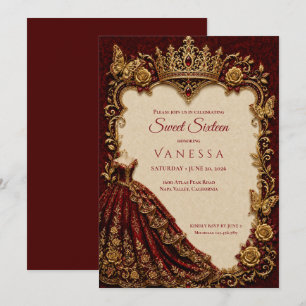 Lyx Röda & Guld Prinsessa Sweet 16 Inbjudningar