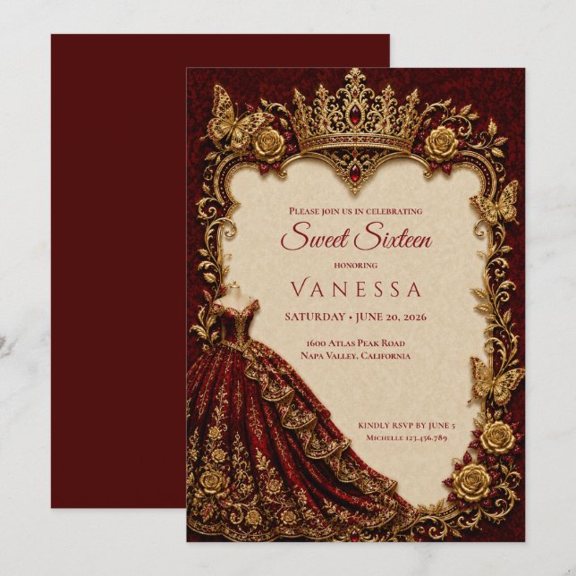 Lyx Röda & Guld Prinsessa Sweet 16 Inbjudningar (Fram/baksida)