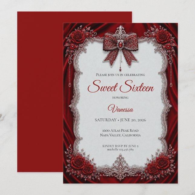 Lyx Röda Silver Prinsessa Sweet 16 Inbjudningar (Fram/baksida)