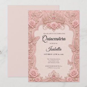 Lyx Rosa Fjärilar Blommig Quinceañera Inbjudningar