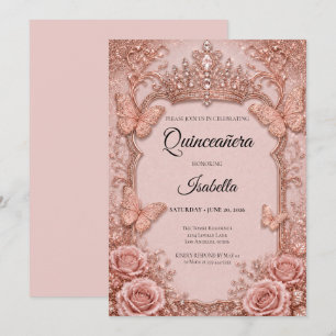 Lyx Rosa Fjärilar Blommig Quinceañera Inbjudningar
