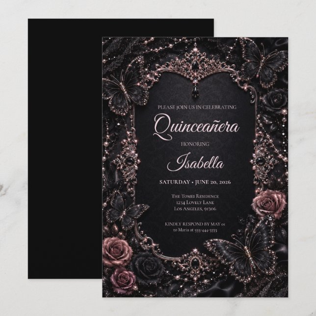 Lyx Rosa Fjärilar Quinceañera Inbjudningar (Fram/baksida)