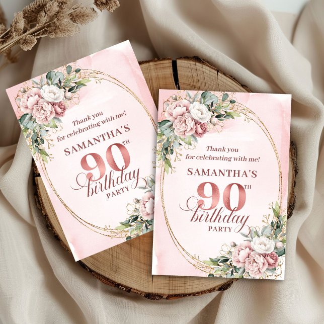 Lyx Rosa Guld Blommig 90-års Födelsedags Tacksamhe Tack Kort (Luxury Blush Pink Gold Floral 90th Birthday Thank You)