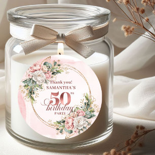 Lyx Rosa Guld Blommig Grönska 50-årsfirande Runt Klistermärke
