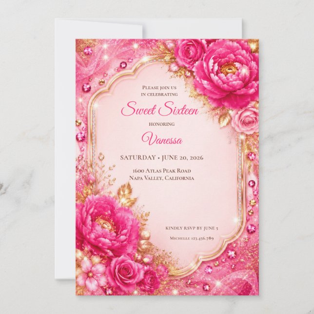 Lyx Rosa Guld Blommig Sweet 16 Inbjudningar (Framsida)