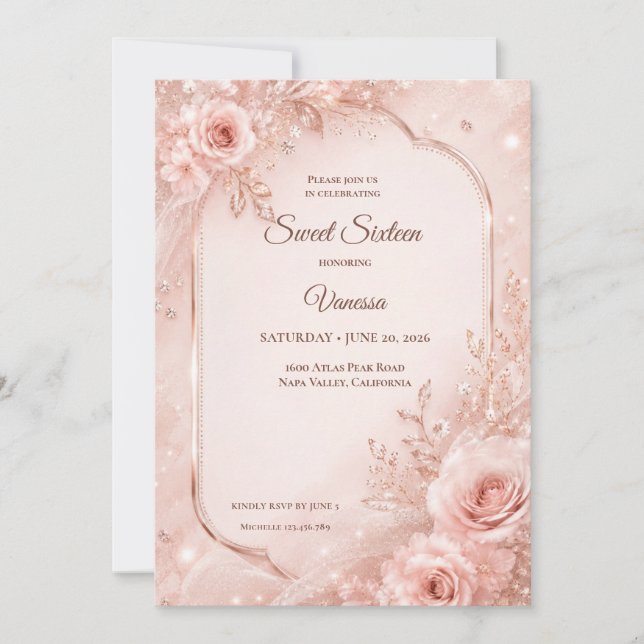 Lyx Rosa Guld Blommig Sweet 16 Inbjudningar (Framsida)