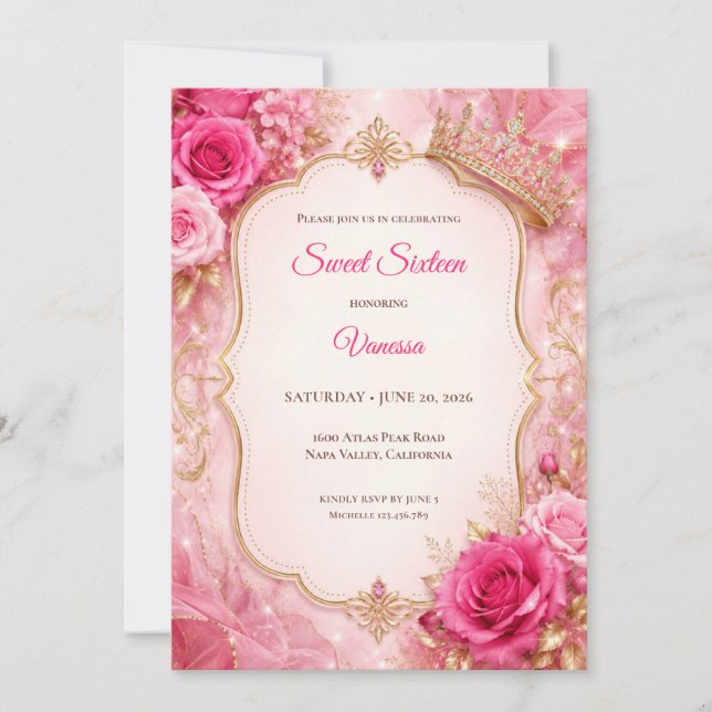 Lyx Rosa Guld Blommig Sweet 16 Inbjudningar (Framsida)