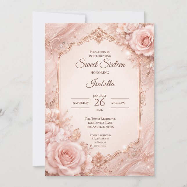 Lyx Rosa Guld Blommig Sweet 16 Inbjudningar (Framsida)