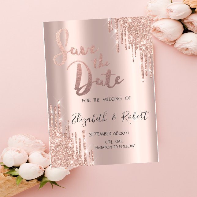 Lyx Rosa Guld Glitter Drips Spara Datum Datumet (Skapare uppladdad)