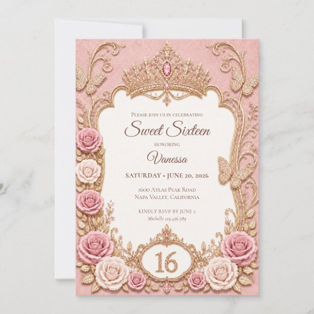 Lyx Rosa Guld Prinsessa Sweet 16 Inbjudningar (Framsida)