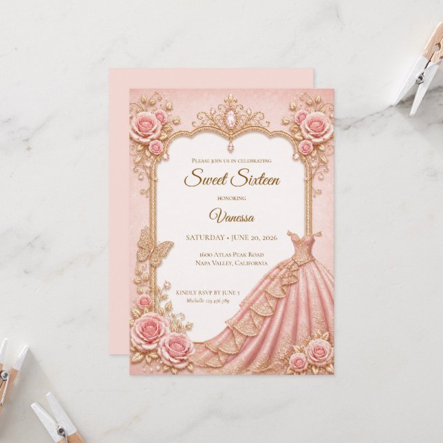 Lyx Rosa Guld Prinsessa Sweet 16 Inbjudningar (Fram/Back In Situ)