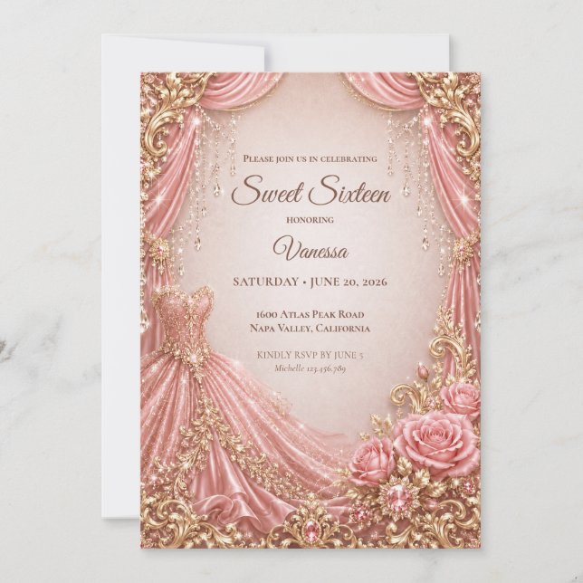 Lyx Rosa Guld Prinsessa Sweet 16 Inbjudningar (Framsida)