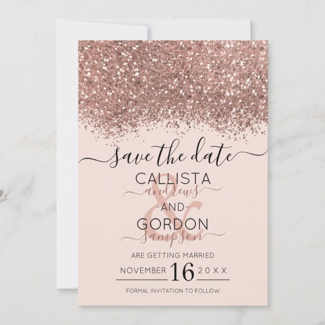 Lyx Rosa Guld Rosa Glitter Konfetti Bröllop Spara Datumet (Framsida)