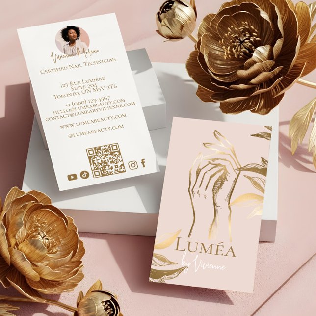 Lyx Rosa Guld Skönhet Nagel Manikyr Studio Visitkort (Luxury Blush Pink Gold Beauty Nail Manicure Studio Business Card)