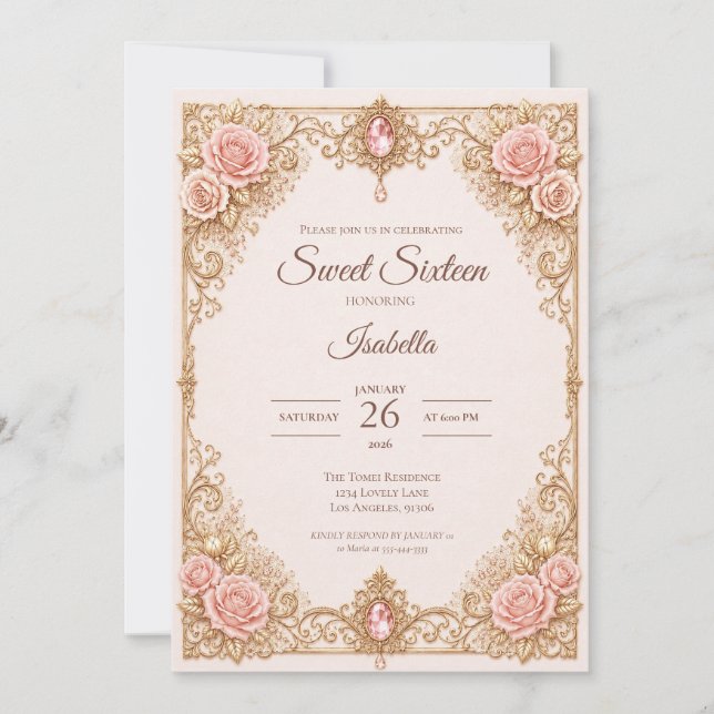 Lyx Rosa Guld Spetsbåge Sweet 16 Inbjudningar (Framsida)
