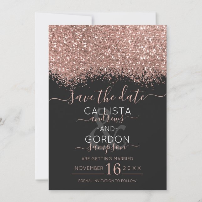 Lyx Rosa Guld Svart Glitter Konfetti Bröllop Spara Datumet (Framsida)