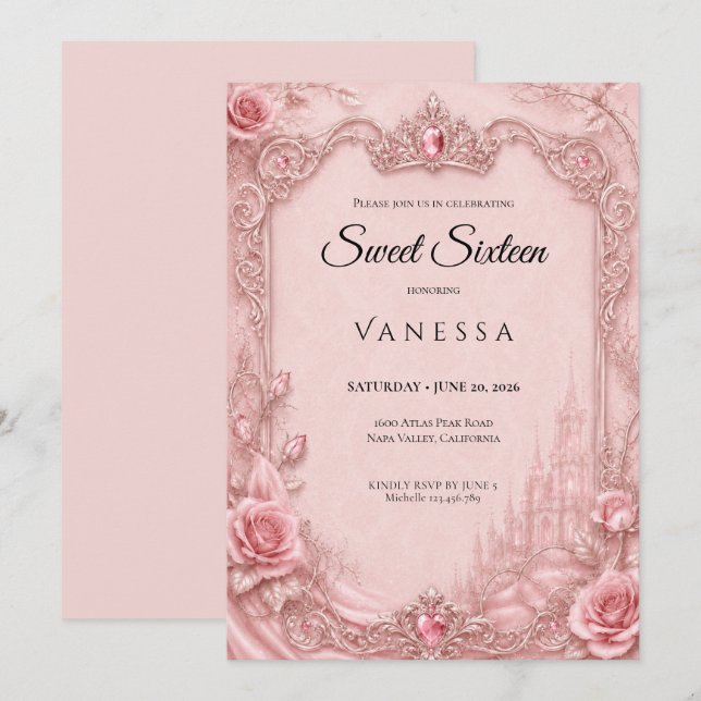 Lyx Rosa Rhinestones Glitter Sweet 16 Inbjudningar (Fram/baksida)
