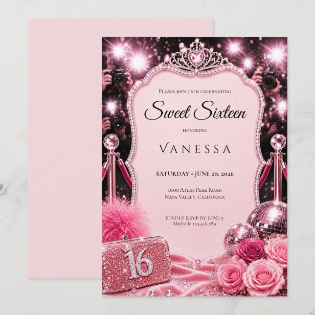 Lyx Rosa Rhinestones Glitter Sweet 16 Inbjudningar (Fram/baksida)
