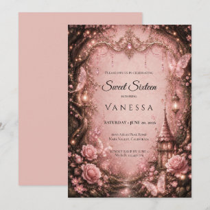 Lyx Rosa Rhinestones Glitter Sweet 16 Inbjudningar