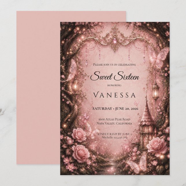 Lyx Rosa Rhinestones Glitter Sweet 16 Inbjudningar (Fram/baksida)