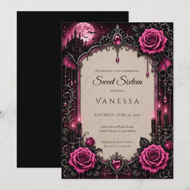 Lyx Rosa Rhinestones Glitter Sweet 16 Inbjudningar (Fram/baksida)
